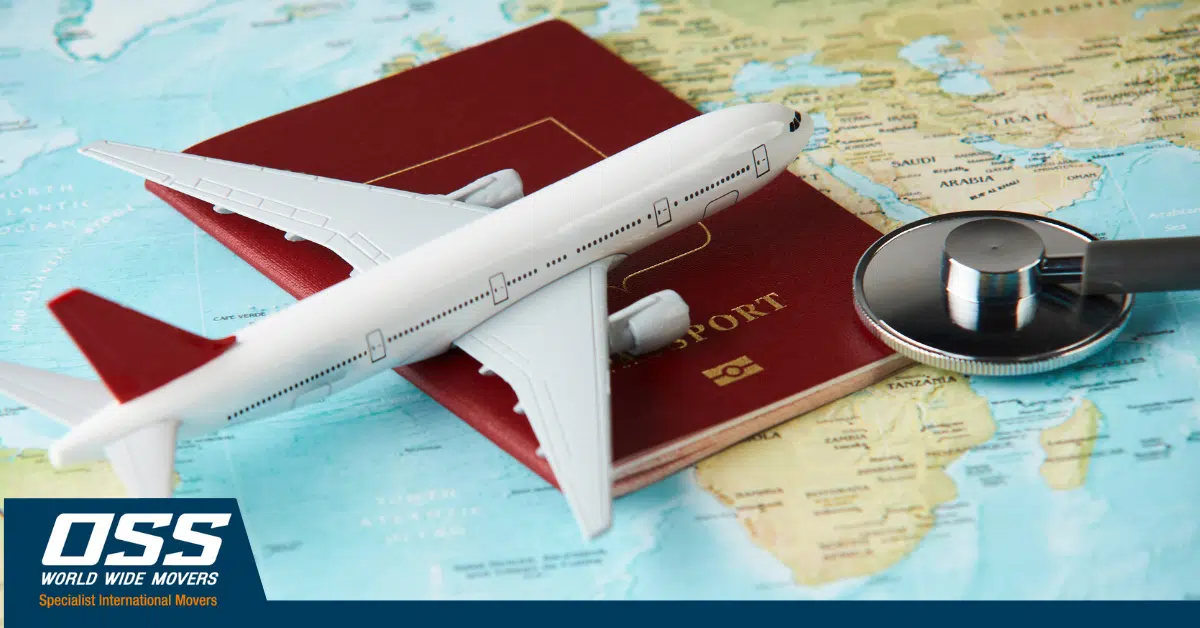 OSS Health Insurance Overseas World map, passport, stethoscope and toy plane